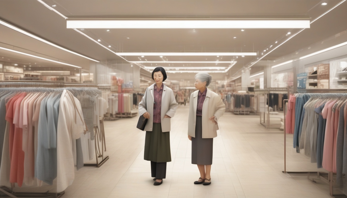 百貨店で服を選ぶ杖を持つ高齢女性と店員